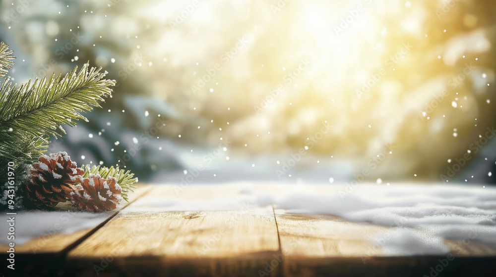 Poster empty wooden table charismas copy space with blurred background with snow and christmas trees