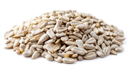 Fototapeta premium A pile of sunflower hulled seeds neatly arranged, isolated on a white background, showcasing their natural texture and color.