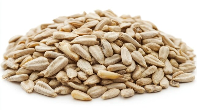 A pile of sunflower hulled seeds neatly arranged, isolated on a white background, showcasing their natural texture and color.