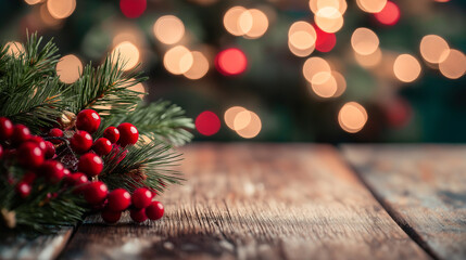 Wooden table charismas copy space with blurred background with Christmas trees and glowing lights with decorations, cozy Christmas festive background