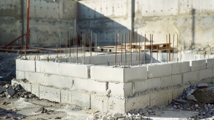 A construction site foundation with partially built concrete walls and rebar, illustrating the initial stages of a building project.
