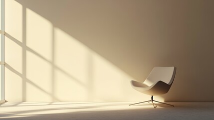 Fototapeta premium A serene, minimalistic room with a single modern chair, soft lighting casting a shadow on the wall, creating an aesthetic and calm design atmosphere.