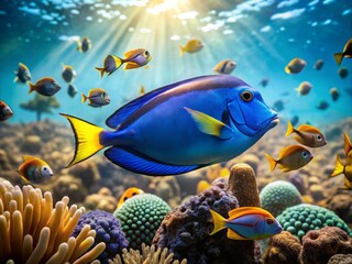 Obraz premium Photo image of a vibrant blue tang fish swimming amidst a coral reef, surrounded by schools of smaller fish, with sunlight filtering through the water.