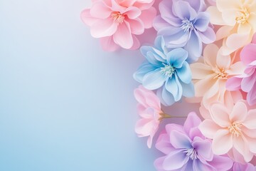 close-up of pastel-colored beautiful flowers on pastel gradient background, romantic floral banner