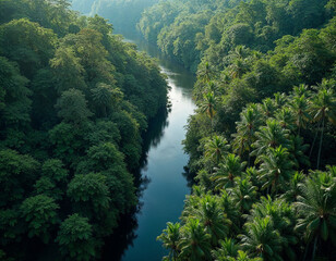 Bird eye view of a river winding through the dense rainforest, surrounded by a lush expanse of green tropical trees.