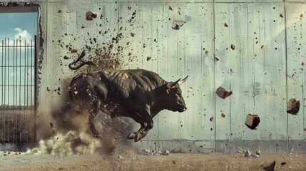 Bull emerges aggressively through a crumbling concrete wall, with debris scattered around.