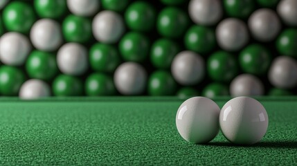 Pool balls on green felt, abstract billiard ball pattern behind, 3D illustration