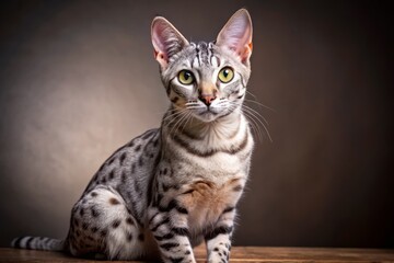 Naklejka premium Alert Egyptian Mau gazes directly at the camera, its spotted coat glistening in the light as it stands tall, its curious expression a window into its feline soul.