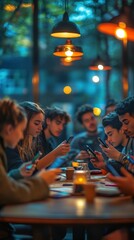 Young people share a moment together while sitting around a table, engaging with their phones in a warm, inviting atmosphere