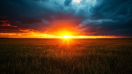 Sun setting behind a line of thunderstorms on the horizon, dramatic weather, contrast of light and dark