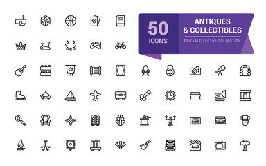 Antiques and Collectibles icon collection. Set of Antique Collectibles Icons. Minimal Linear icon editable vector stroke illustration.