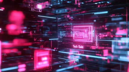 The backdrop showcases a high-tech environment with abstract digital elements highlighting sales-related concepts