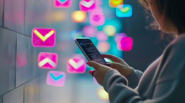 A person in a winter outfit using a smartphone, surrounded by luminous, floating email icons against a colorful background. - Powered by Adobe