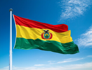 The Bolivian flag waving in the wind with blue sky background