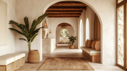 Boho, mediterranean interior design of modern home entryway, hall with arched walls