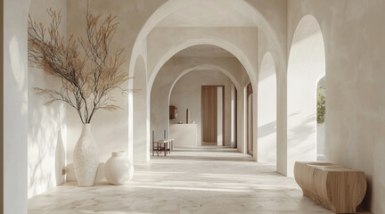 Boho, mediterranean interior design of modern home entryway, hall with arched walls