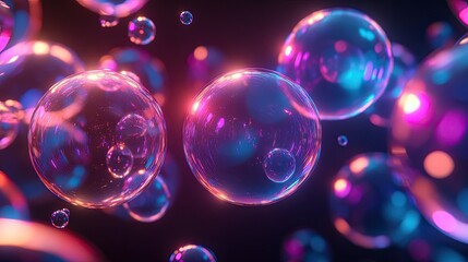 A vibrant array of glowing neon bubbles floating against a dark background. Perfect for creating an eye-catching, futuristic visual.