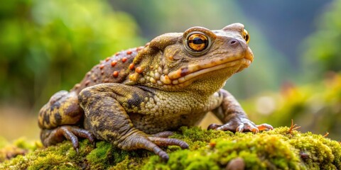 Obraz premium A solitary brown and yellow spotted common toad with warty skin and large golden eyes perches on a moss-covered stone in a forest clearing.