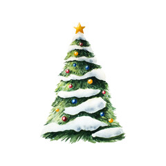 Christmas tree in the snow with toys, balls. Christmas watercolor plant with gold star, hand painted illustration isolated on background. For designers, decoration, shop, for postcards, wrapping paper