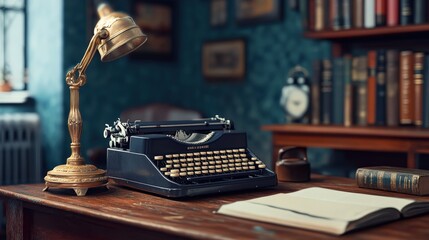Obraz premium A classic typewriter sits on a wooden desk beside a brass lamp, illuminated by soft light, with an open book ready for writing in a cozy study