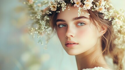 A young woman with flowers in her hair, exuding natural beauty, against a soft, delicate background. Ideal for cosmetics and hairstyle ads.