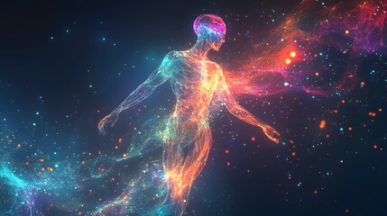 16. **Create an abstract and artistic interpretation of a holographic human body, using flowing, colorful light trails to suggest the body's form and movement. The background should complement the