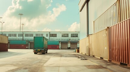 A tranquil shipping dock with neatly arranged containers and a lone truck under the soft morning light, portraying industrial harmony.