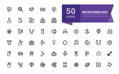 Biotechnology icon set. Simple and mimimal line chemistry and lab set of medical analysis experiment, laboratory test flask Vector illustration editable stroke.