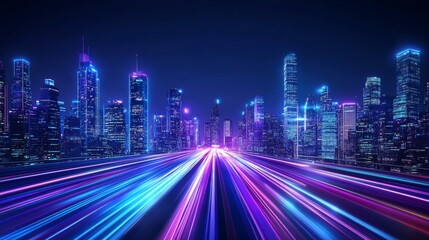 Fototapeta premium Futuristic cityscape with neon lights and skyscrapers at night, creating an abstract background of speed lines on the road