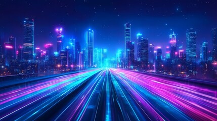 Futuristic cityscape with neon lights and skyscrapers at night, creating an abstract background of speed lines on the road
