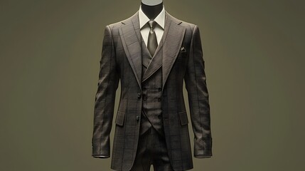 Brown pinstripe suit with waistcoat and tie.