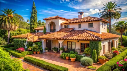 Obraz premium a photo image of a traditional spanish-style house with a warm terracotta roof, surrounded by lush greenery and a soothing blue sky