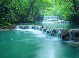 A tranquil waterfall flowing into turquoise pools in Milos surrounded by lush greenery