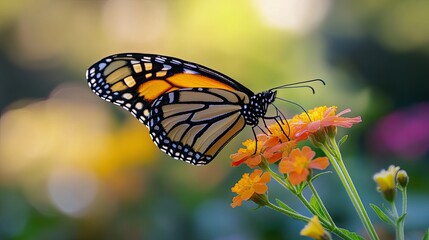 Fototapeta premium Beautiful butterfly sitting on a bright flower, its intricate wing patterns in sharp focus against a blurred garden backdrop.