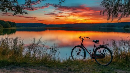 Naklejka premium Bicycle resting by a serene landscape at sunset, with the sky vibrant hues reflected in the tranquil surroundings.