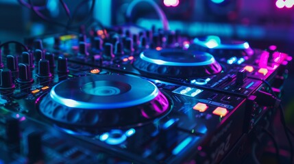 Vibrant DJ turntables glow under colorful lights, embodying the excitement and energy of a dynamic nightlife scene.