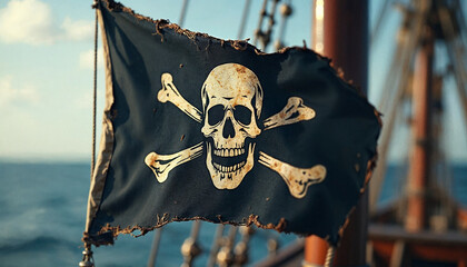 Naklejka premium Pirate flag flying on a pirate ship, with sails billowing in the wind over the open sea.