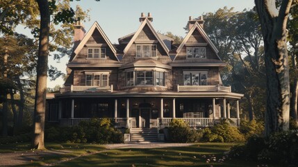 Fototapeta premium A grand house with multiple gables and a spacious porch, warmly basking in the early morning sunlight, surrounded by trees and well-maintained gardens.