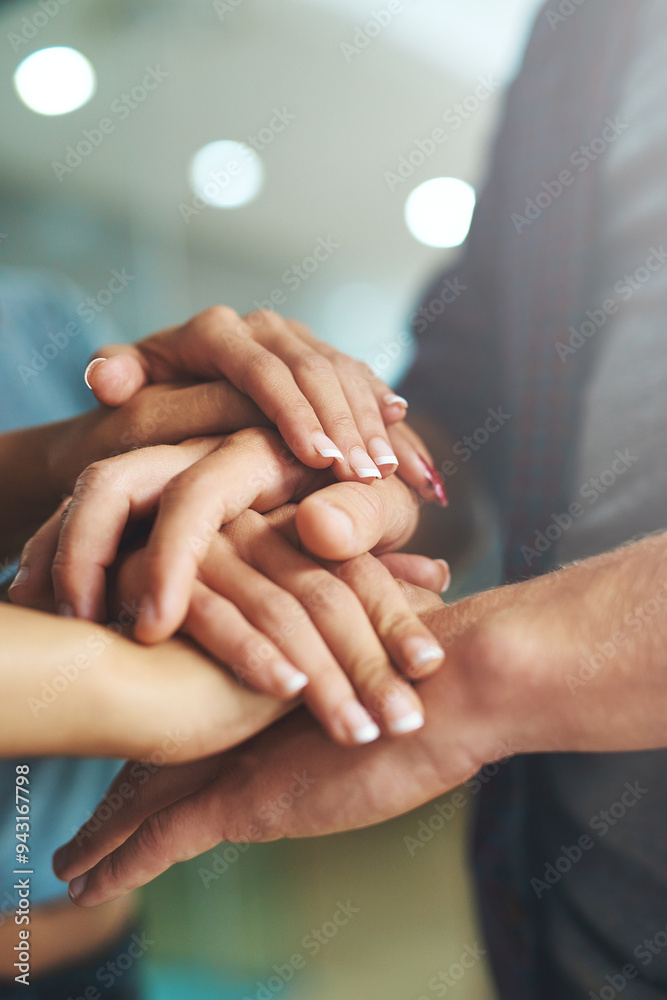 Aufkleber stack, hands and people with support in office for teamwork, planning and meeting together of partne