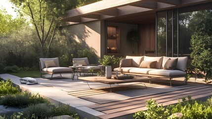 Modern Patio with Lounging Furniture and Green Plants.