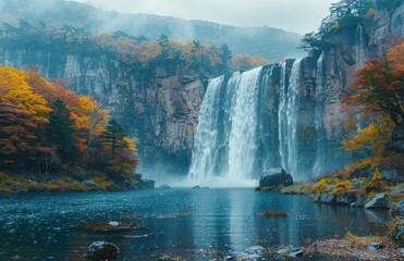 Breathtaking waterfall cascading down in Milos during autumn, surrounded by vibrant foliage and misty atmosphere