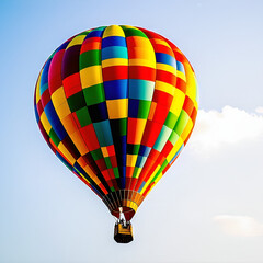 Naklejka premium A colorful hot air balloon gently rising into the sky on a white background.