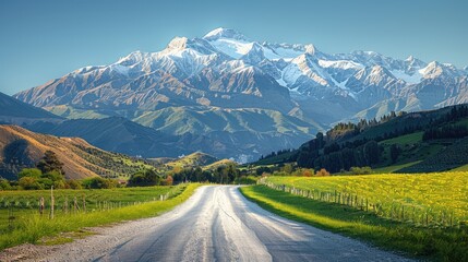 Naklejka premium A scenic route through lush fields, with snow-capped mountains in the background and a clear blue sky, perfect for a summer adventure.
