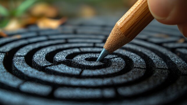 labyrinth, maze. Hand draw shorten straight line to go through the complication of maze game, built by wood blocks, shorten process, simplify, and communication concept