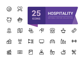 Outline icons of hospitality. Pixel perfect, minimalistic web and UI icon. Outline icons collection. Editable vector illustration.