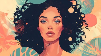 A serene portrait illustration of a lady with natural curls and a soft expression, surrounded by abstract shapes and muted colors that convey a sense of calm. 8k UHD, suitable for high-quality 
