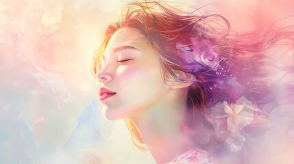 A soft and dreamy illustration of a lady with closed eyes, her hair gently blowing in the wind, rendered in pastel tones with a watercolor effect. 8k UHD, suitable for high-quality printing 