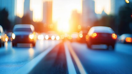 Cityscape with various vehicles, close up, focus on traffic flow, copy space, bright and bustling atmosphere, double exposure silhouette with skyscrapers.