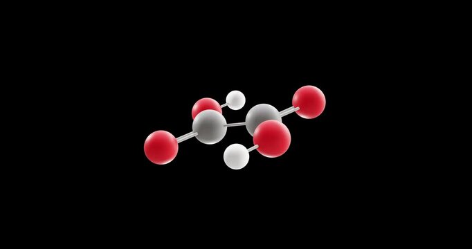 Oxalic acid molecule, rotating 3D model of organic acid, looped video on a black background