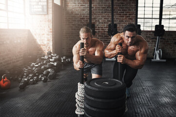 Plakat Men, sled and exercise in gym for workout, fitness and muscle growth, agility and power with rope. Body builder, weights and training in sports club for teamwork, health and speed with resilience